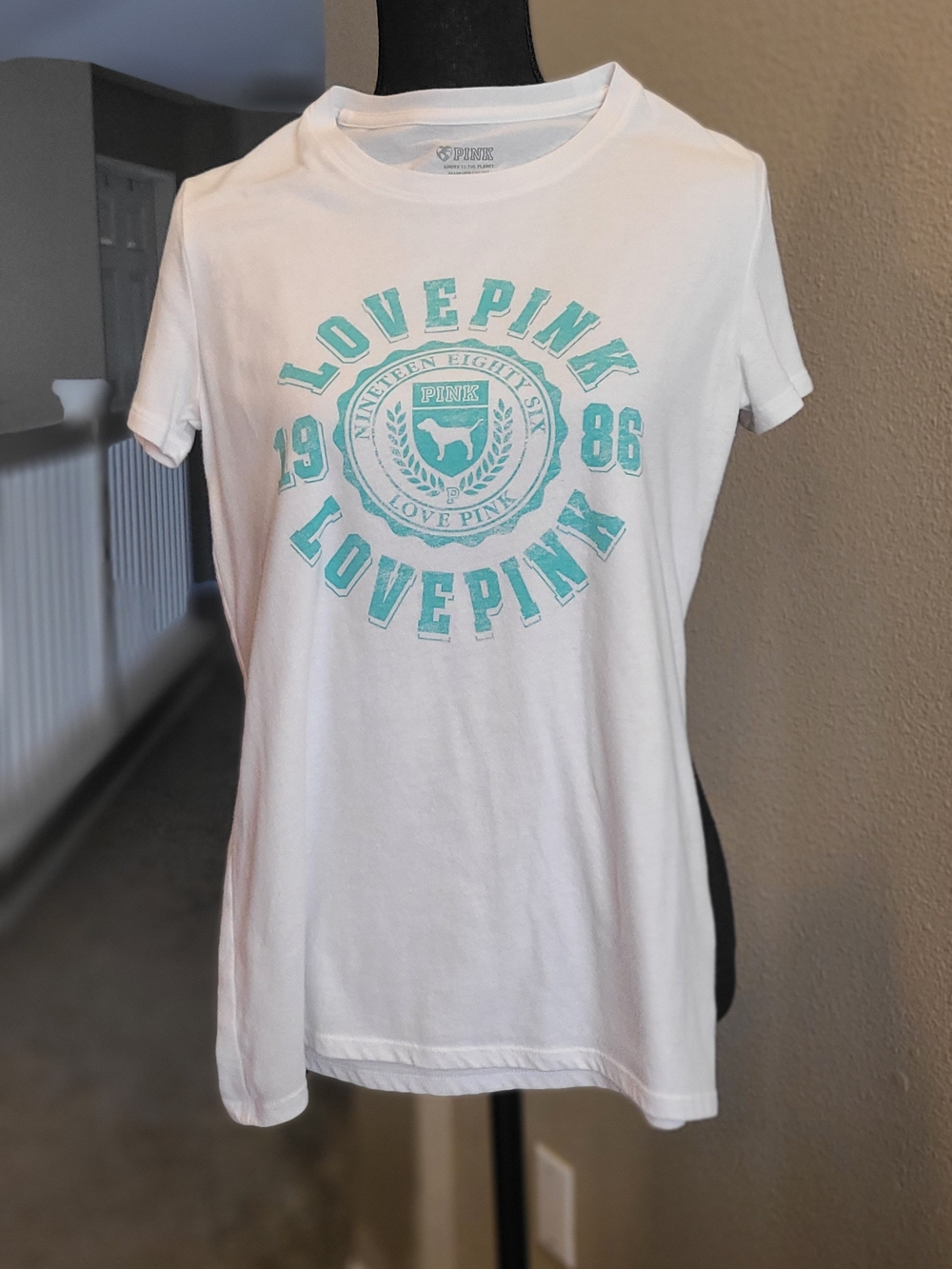 PINK Victoria's Secret White Tee with LOVE PINK CAMPUS STYLE in TEAL GREEN